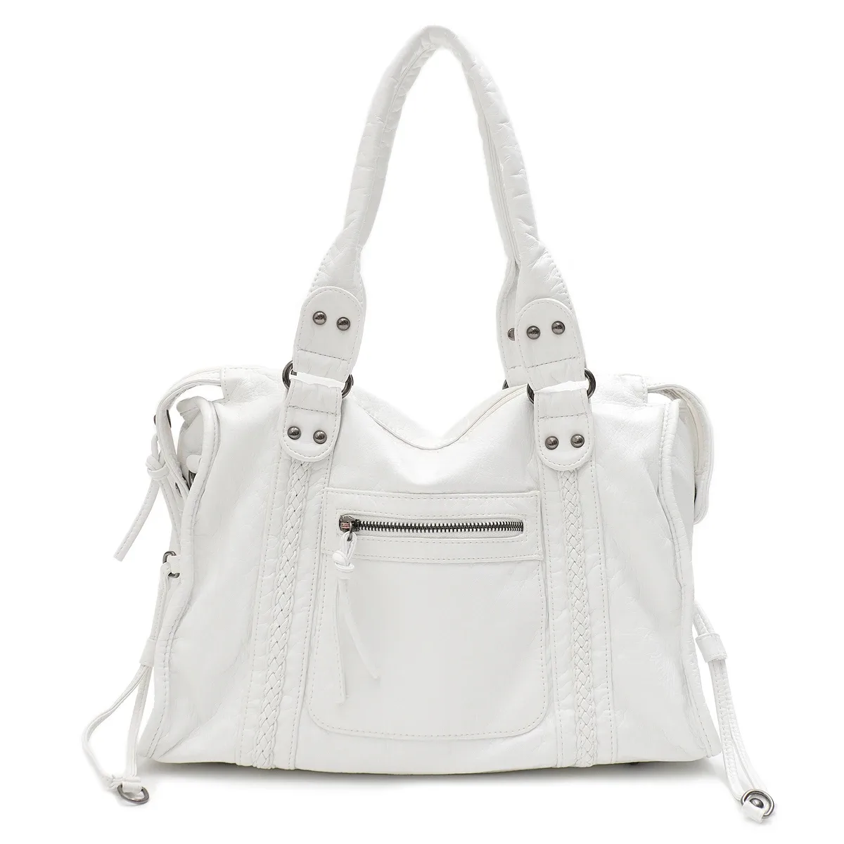 vintage lavé en cuir pu grande capacité fourre-tout poches zippées tresse décor épaule sac à bandoulière unisexe femmes voyage quotidien sac à main