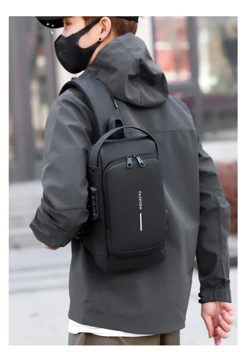 sac de poitrine antivol pour homme avec serrure à code et port usb, sac à bandoulière imperméable pour les voyages, le travail et le cyclisme