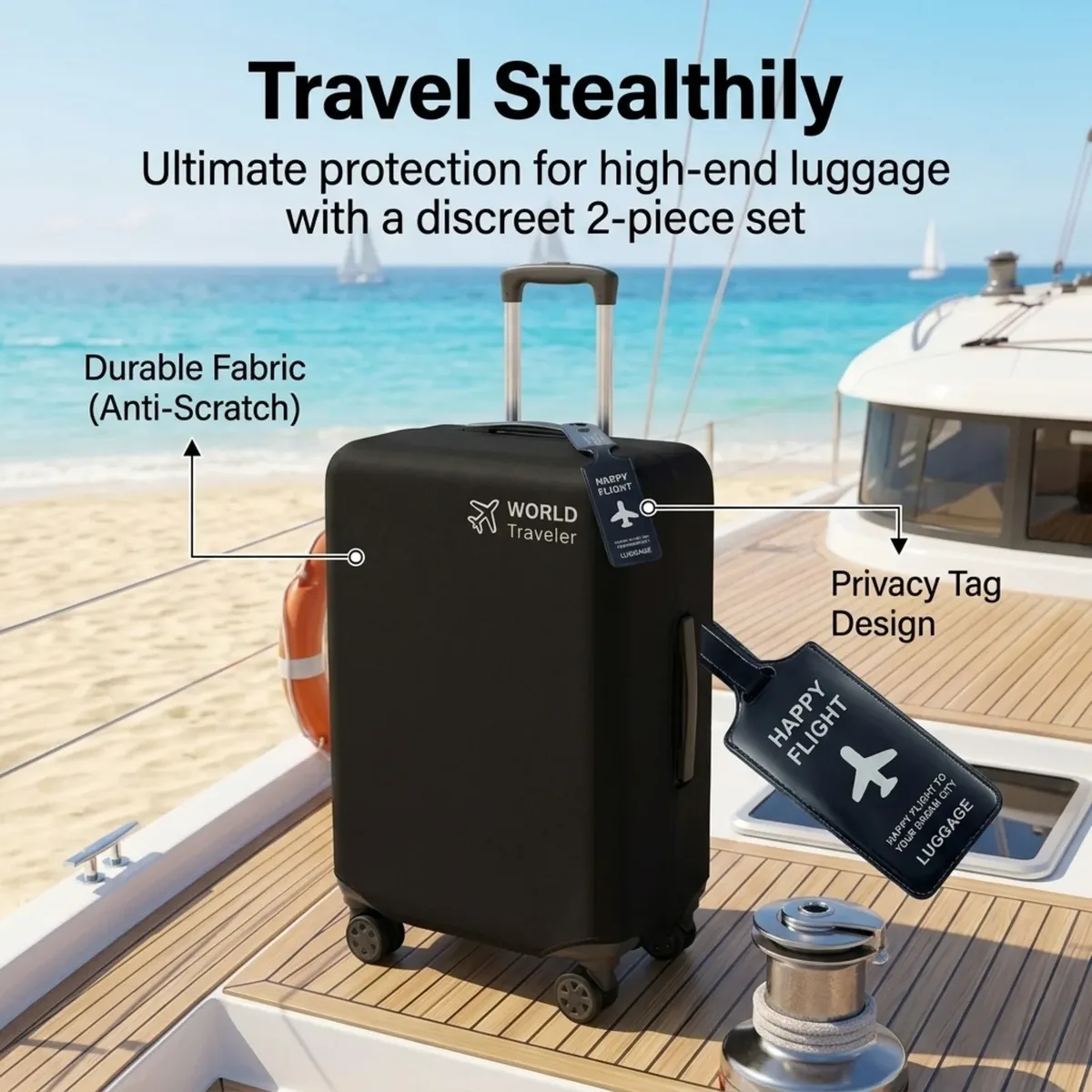 housse valise protection tissu non tissé noire logo avion étiquette bagage texte happy flight identification voyage