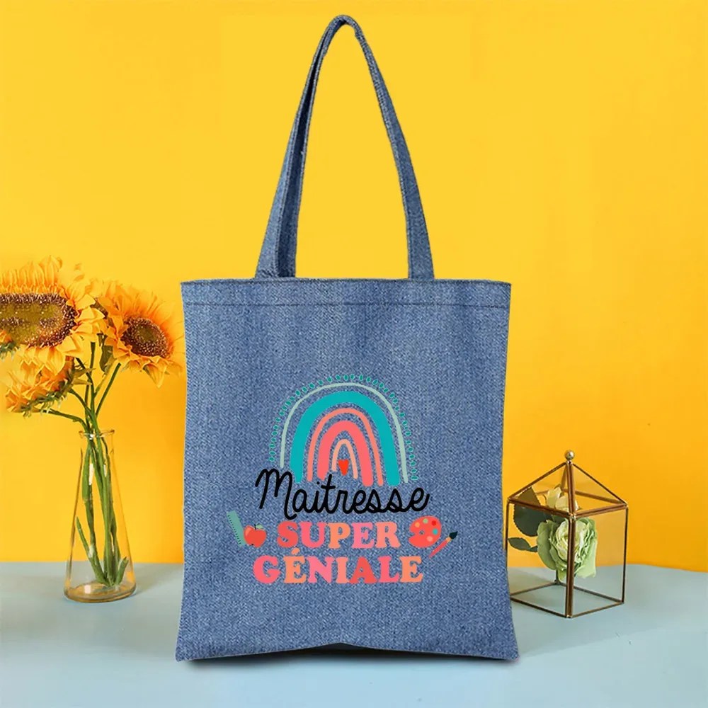 sac fourre-tout en jean imprimé super atsem maitresse, sacs de shopping pour femme, sacs de voyage, cadeau de remerciement pour la fête des enseignants et les diplômés