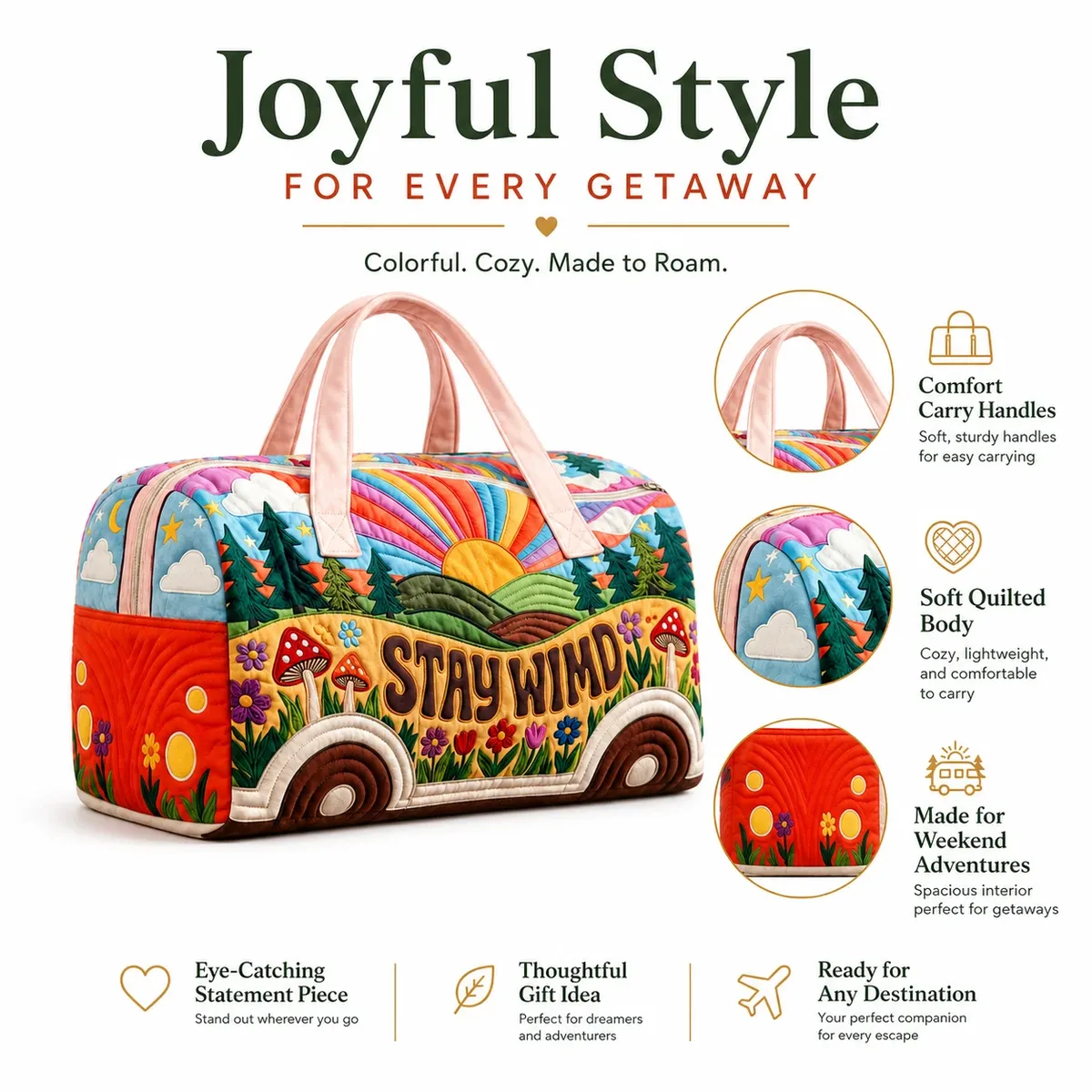sac de voyage bohème de style camping rétro, sac de voyage de grande capacité avec motifs champignons et floraux, sac de nuit mignon style soleil et arc-en-ciel, sac fourre-tout léger pour le sport et la gym, adapté aux sports, aux vacances et aux occasions de cadeaux