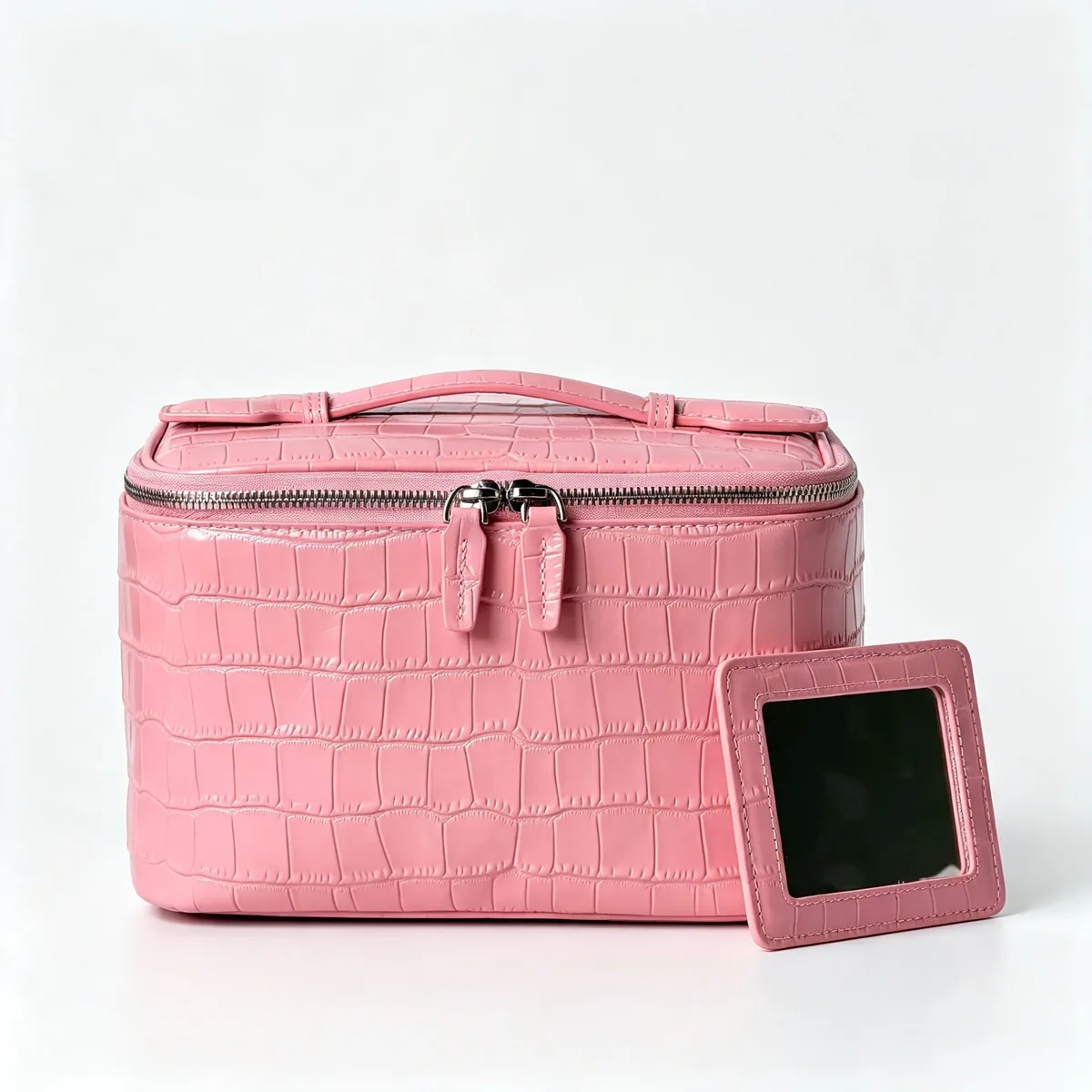 sac à cosmétiques en cuir de vachette rose à motif crocodile, sac de toilette de luxe de grande capacité, en cuir véritable, pour voyage, rangement portable, trousse de toilette