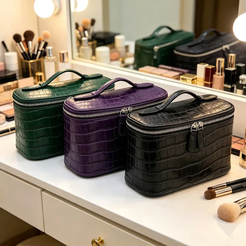 Trousse Toilette Cuir Vache Violet Noir Vert Motif Crocodile Multi Compartiments Fermeture Éclair Nylon Impression Voyage Femmes