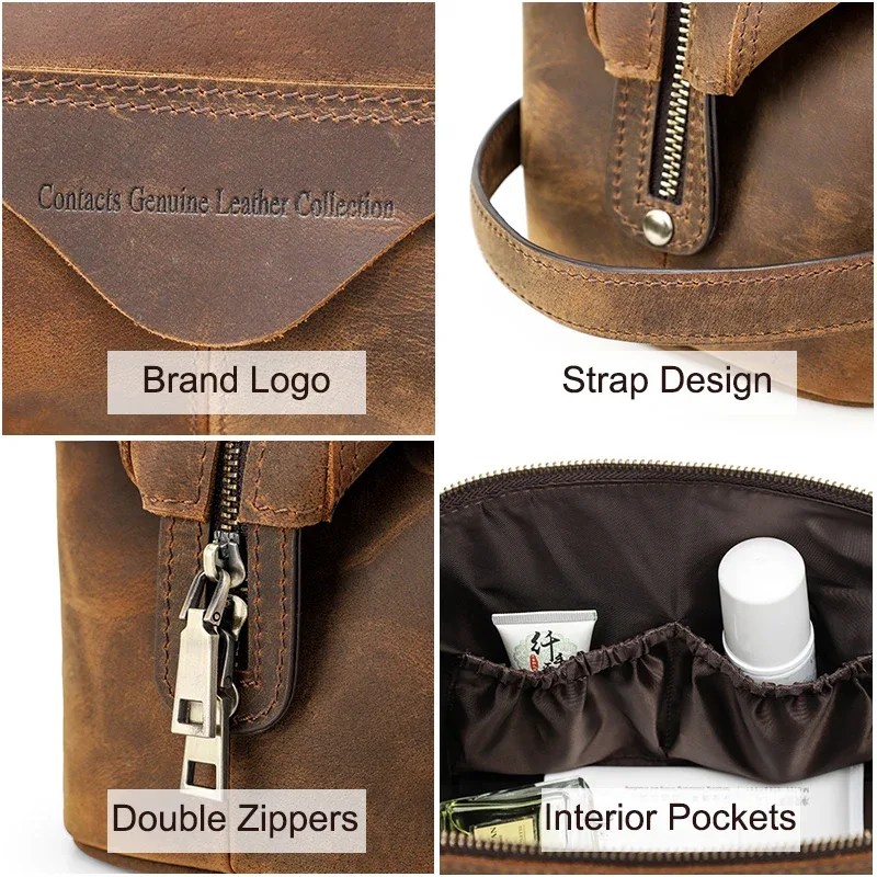 contact's – sac à cosmétiques suspendu pour hommes, pochette de rangement de voyage en cuir de cheval fou, trousse de toilette vintage