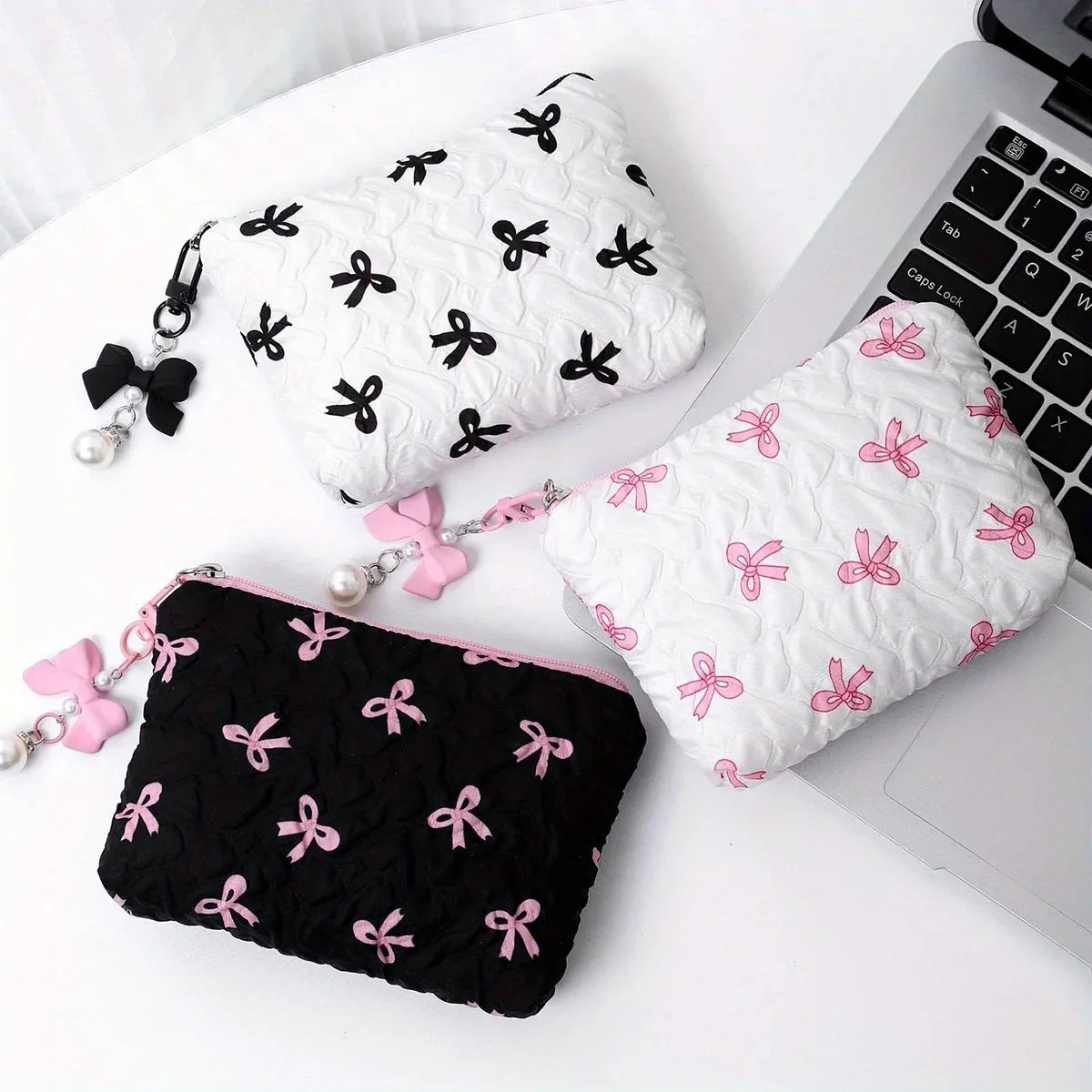 pochette à maquillage brodée avec nœud, design élégant, porte-monnaie, sac de rangement, mignon, grande capacité, pochette à maquillage haut de gamme