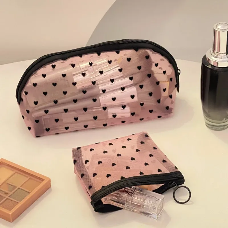 sac de maquillage en maille transparente en forme de cœur, pochette de rangement de cosmétiques portable multifonction pour femmes, sacs de rangement de rouge à lèvres de toilette pour dames