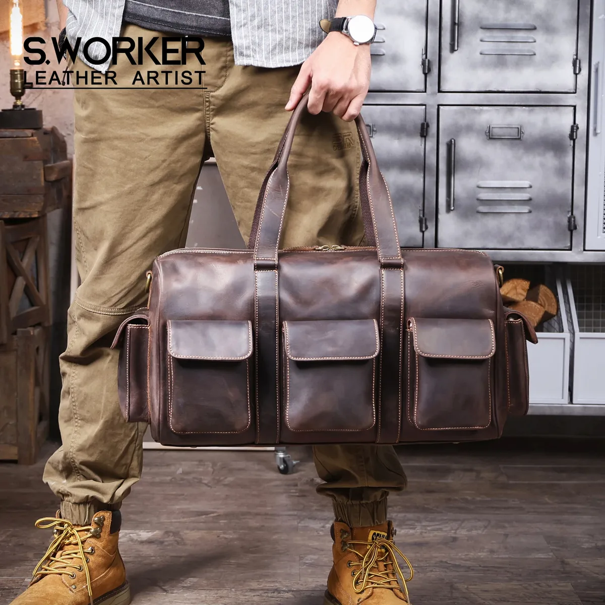 s.worker sac de voyage en cuir véritable de grande capacité, sac de week-end en cuir de vache vintage, sac de voyage pour homme, sac de sport, style rétro