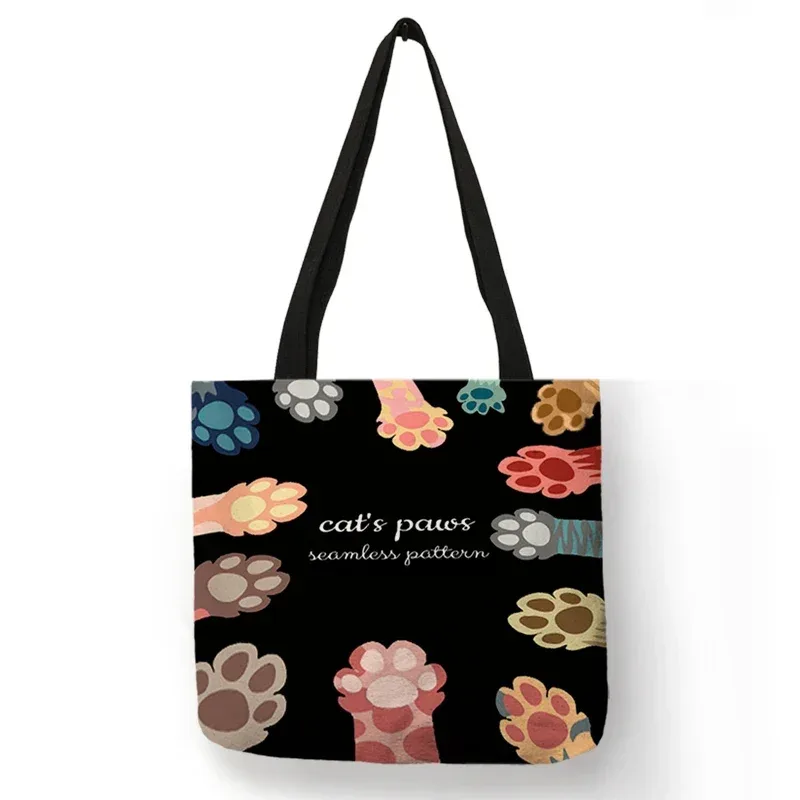 sac fourre-tout décontracté mignon animal de compagnie noir patte de chat imprimé femmes sac à bandoulière sac à main dames eco réutilisable shopper sacs pour l'épicerie