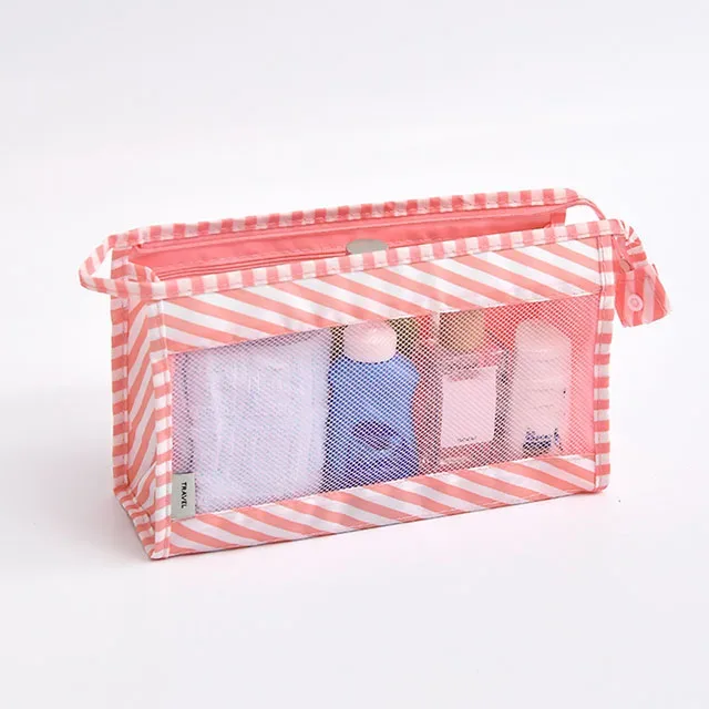 sac de voyage léger et respirant en maille pour femme, trousse de toilette portable transparente pour maquillage et soins de la peau