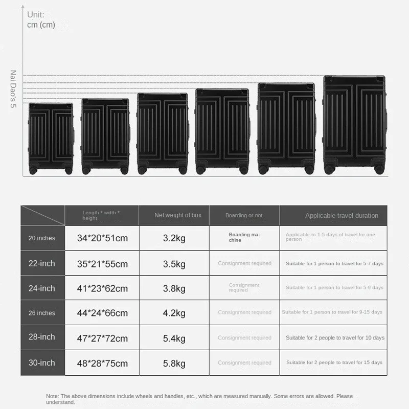 valise en aluminium de 20/24/26/28 pouces, boîtier de chariot en alliage, bagages roulants de grande capacité de 30 pouces, valise de voyage avec roulettes