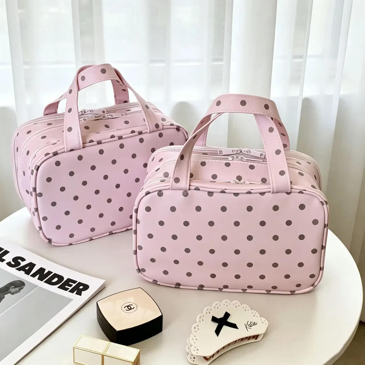grande trousse à cosmétiques à pois, avec poignée portable, organisateur de maquillage multi-compartiments pour femmes, pour une utilisation quotidienne en voyage