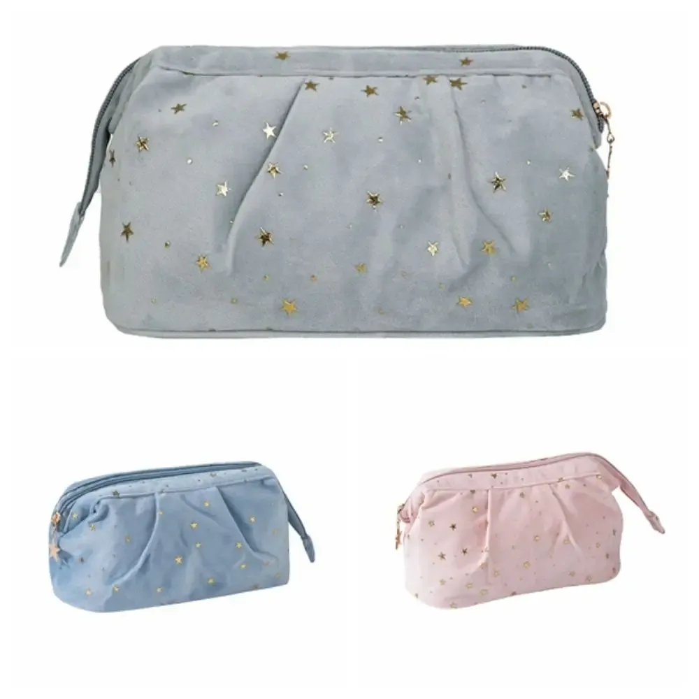 trousse de maquillage en velours bronzing stars, grande capacité, forme coquille, avec fermeture éclair, pochette de toilette, sac à main, trousse de voyage