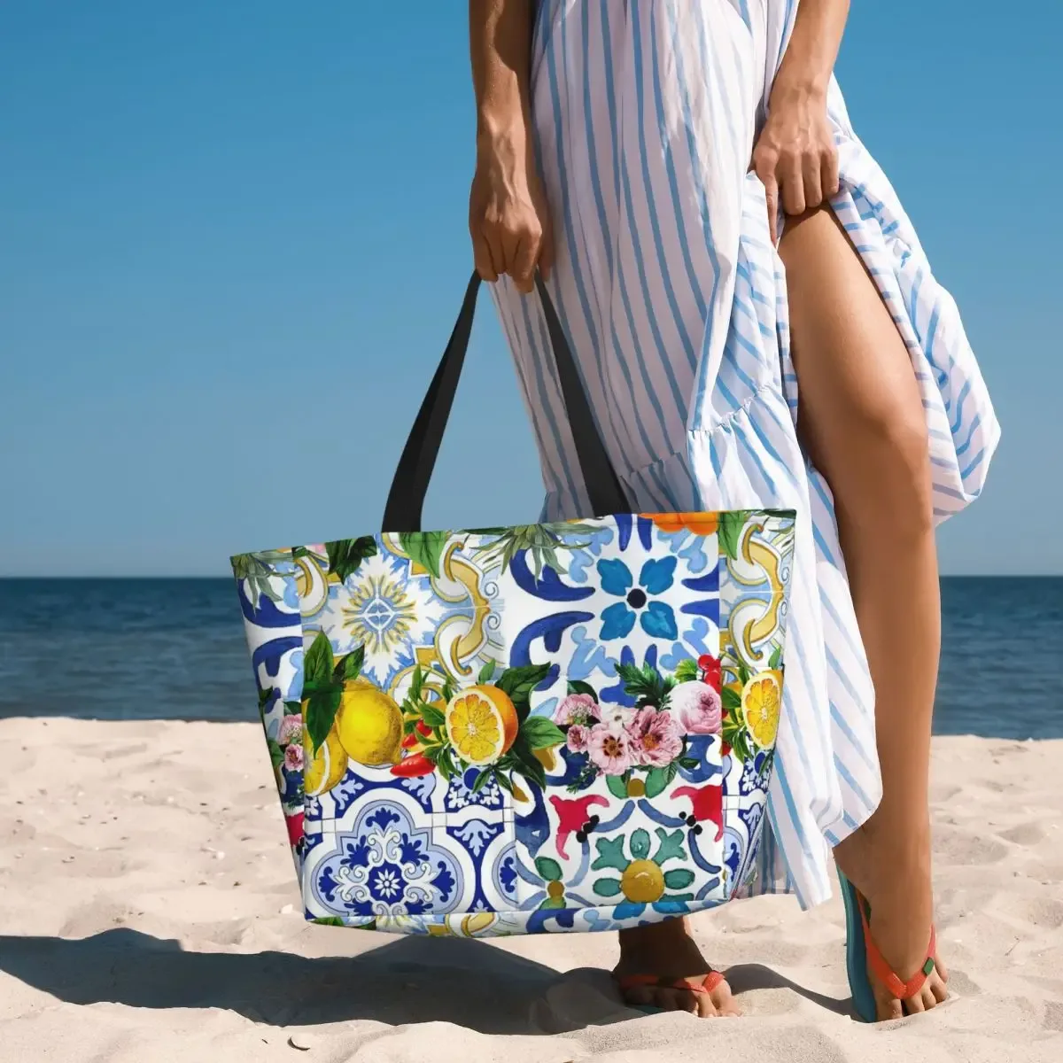 carreaux siciliens, méditerranéens, mosaïque, limons, sac fourre-tout de plage, sport, gymnastique, yoga, grand fourre-tout, sac de voyage pour femmes, sac de fitness