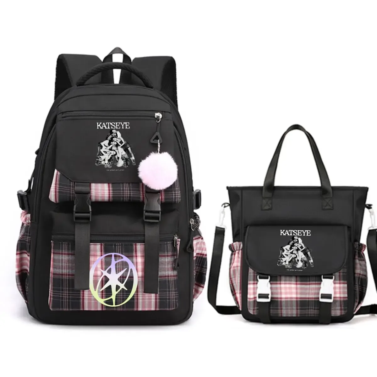 sac à dos kpop katseye imprimé 2 pièces y2k coréen ulzzang pour adolescentes avec sac messager, sac à dos de voyage tendance pour femmes