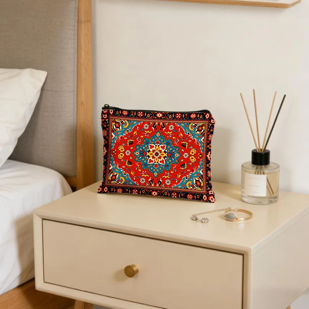 sacs de maquillage à motif floral mandala rouge et bleu pour filles, pochette à cosmétiques, trousse de toilette, trousse à crayons, rangement de voyage