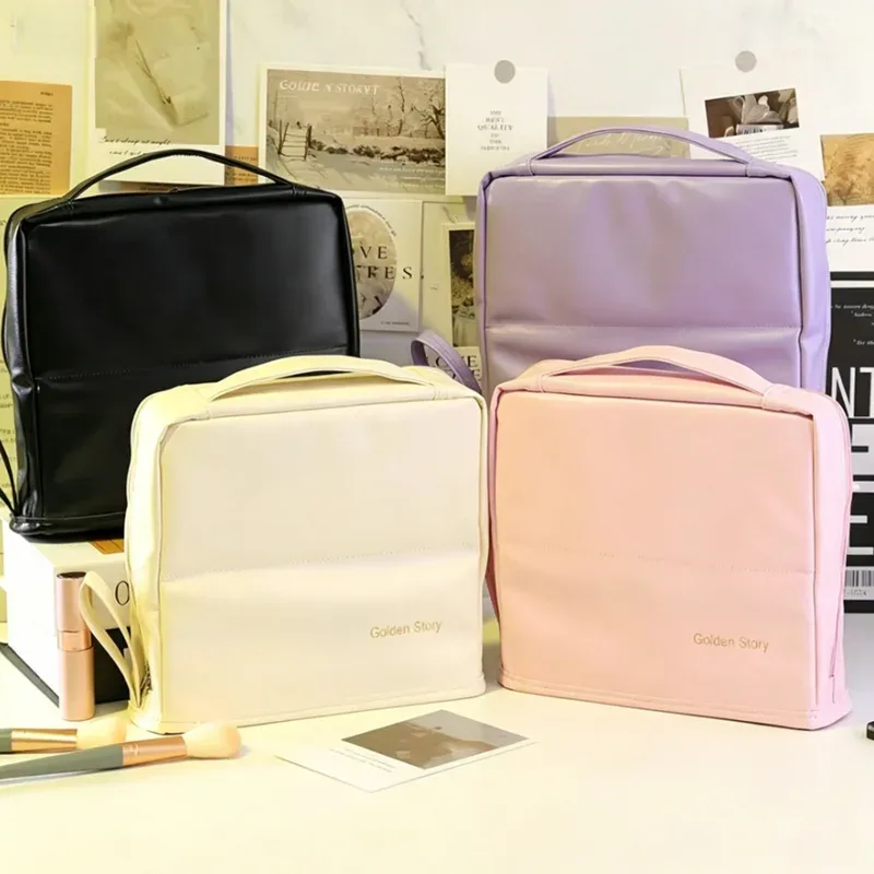 trousse de maquillage minimaliste pastel, organiseur de cosmétiques vertical aux tons neutres élégants