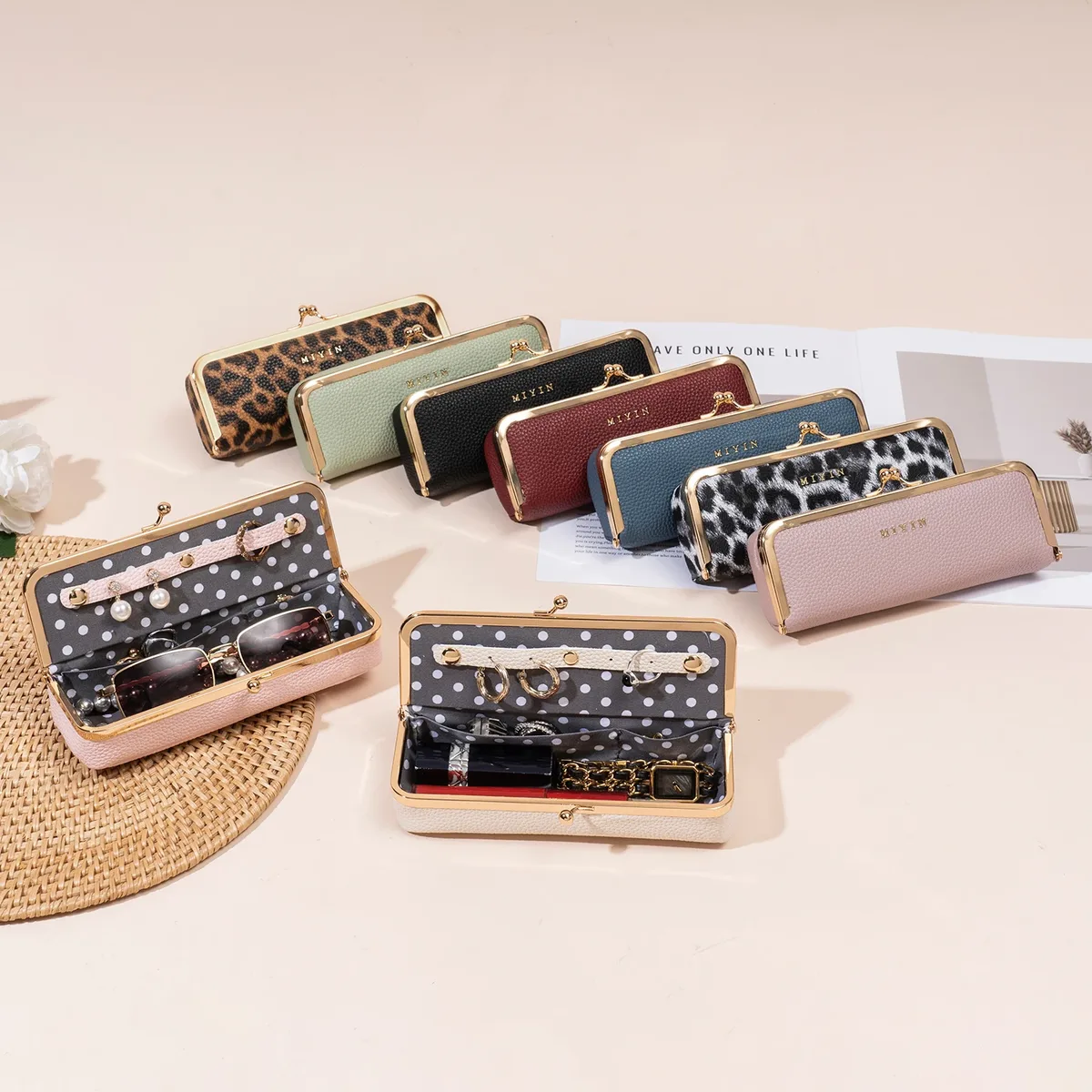 miyin étui à bijoux multifonctionnel pour femme à imprimé léopard avec fermeture kiss lock, étui à lunettes, essentiel de voyage, organisateur de rouge à lèvres et cosmétiques