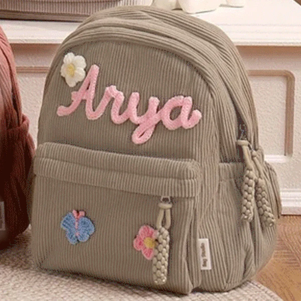 sacs à dos personnalisés en velours côtelé – sacs à dos brodés sur mesure, décorations florales/animalières, styles parent-enfant, sac pour sœur/frère