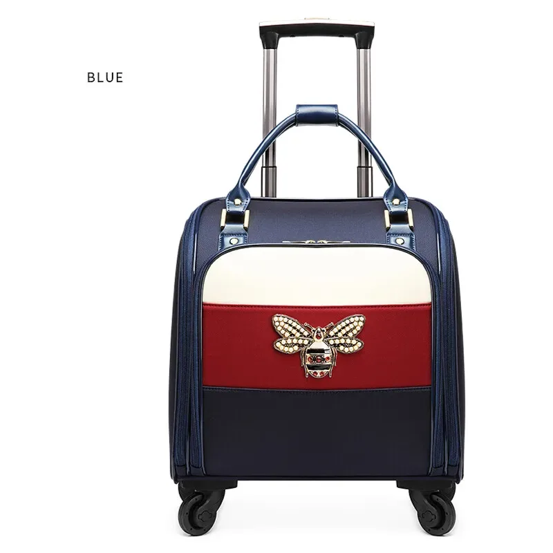 sac voyage toile motif couleur noire blanche rouge bleu abeille rétro compact elégant roulettes toupie poignées latérales supérieure