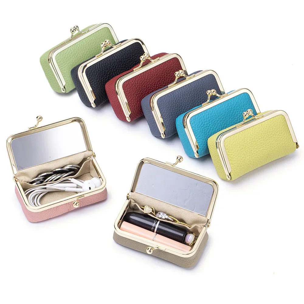 mini étui de rangement pour rouge à lèvres en cuir véritable, petite trousse de maquillage avec miroir, pochette de voyage pour cosmétiques, boîte de maquillage