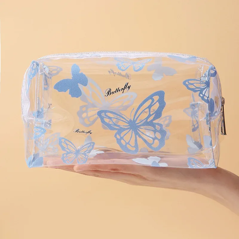 sac de maquillage transparent en pvc imprimé papillon pour femmes, sac de rangement octogonal pour cosmétiques, sac de lavage étanche de grande capacité pour voyage