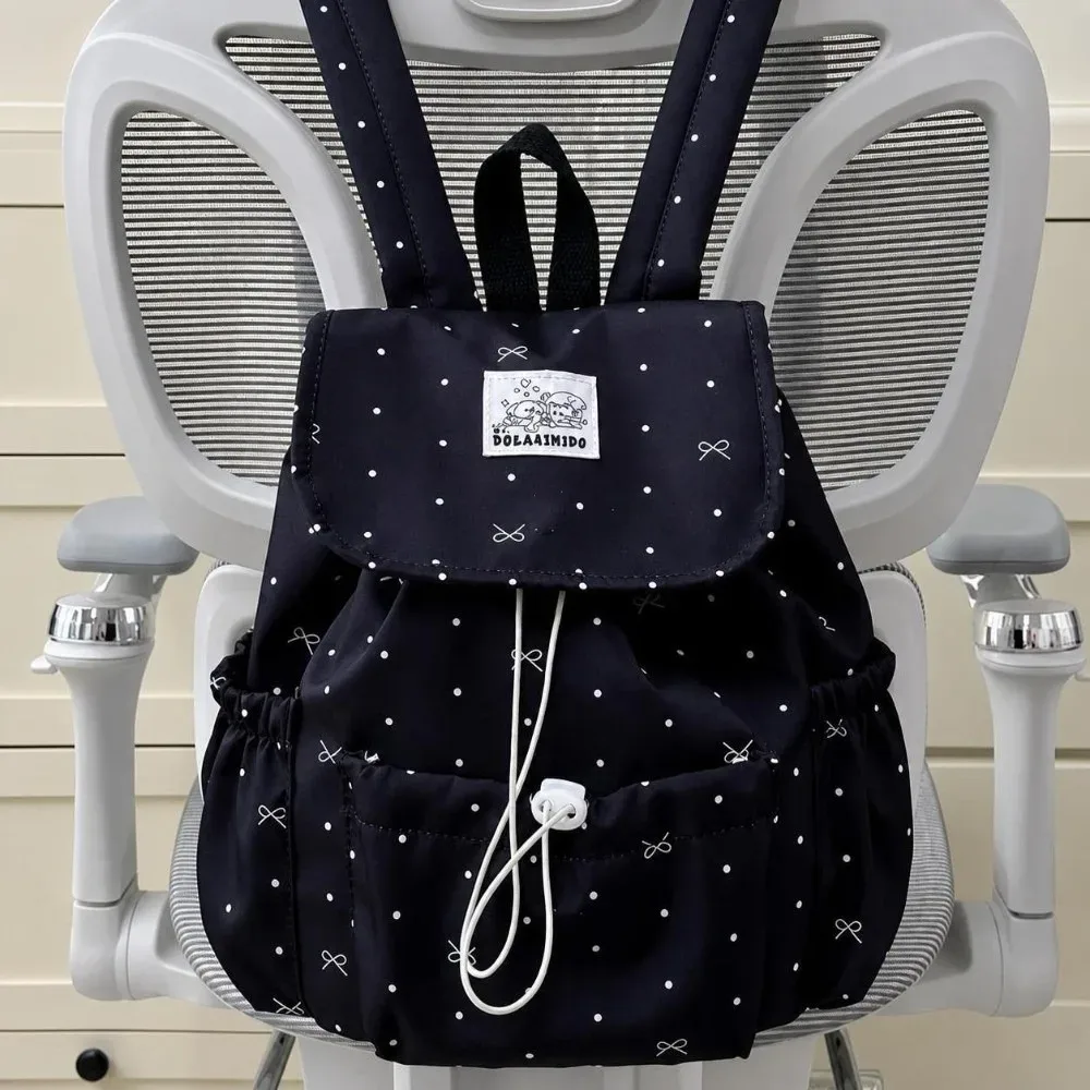 sac à dos à pois avec cordon de serrage et nœud, ultra léger, double bandoulière, grande capacité, en nylon, pour les trajets quotidiens et les voyages.