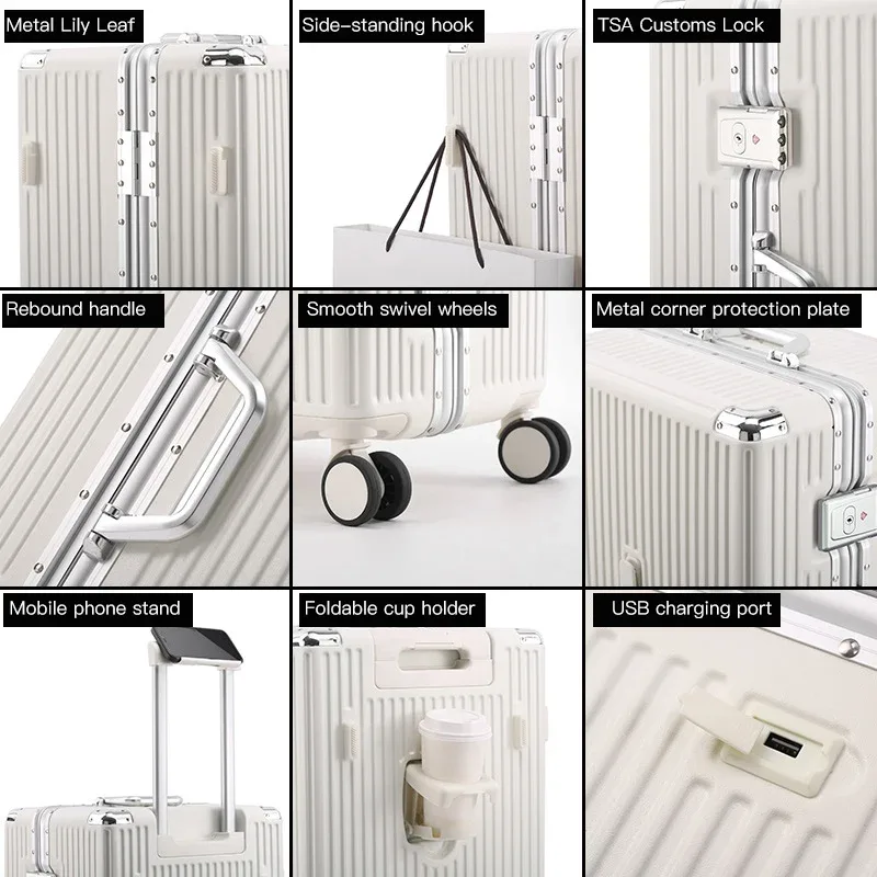 valise bagage roulante aluminium blanc violet grand capacité compartiment divisé roues bandes orange voyage étudiant