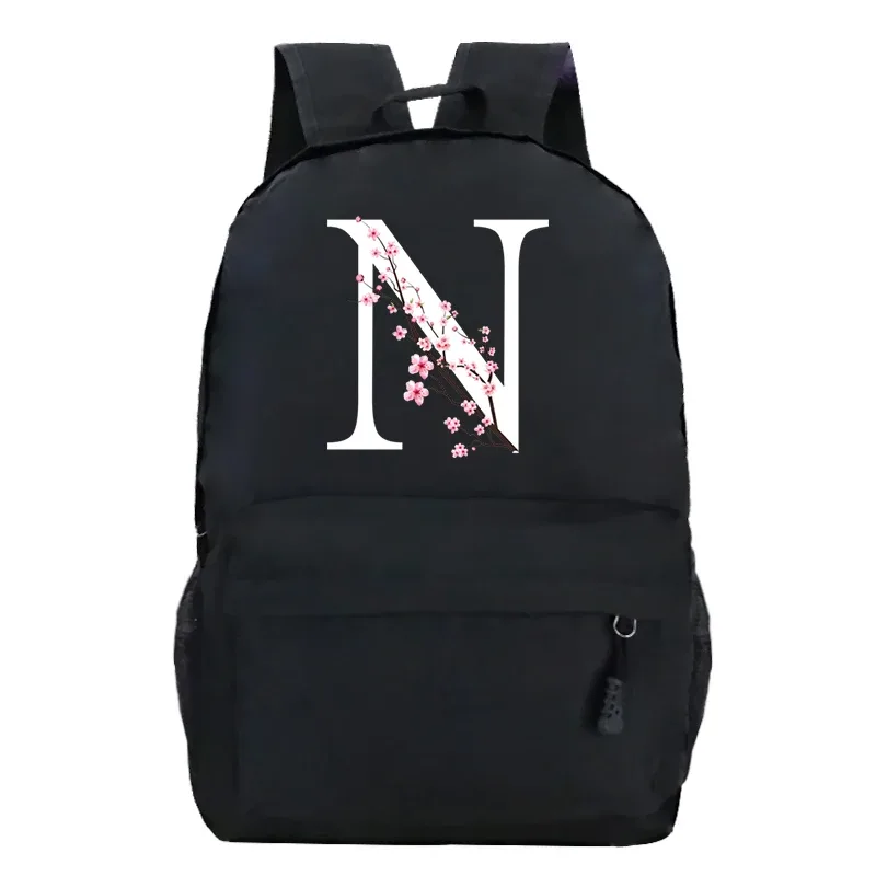 sacs à dos d'école pour jeunes sakura fleur a-z alphabet grande capacité toile harajuku mode fermeture éclair esthétique épaules sacs noirs