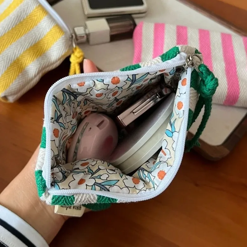 petite trousse de maquillage, mini sacs organisateurs en toile rayée pour femmes, étui à rouge à lèvres, trousse de maquillage, porte-monnaie mignon pour enfants