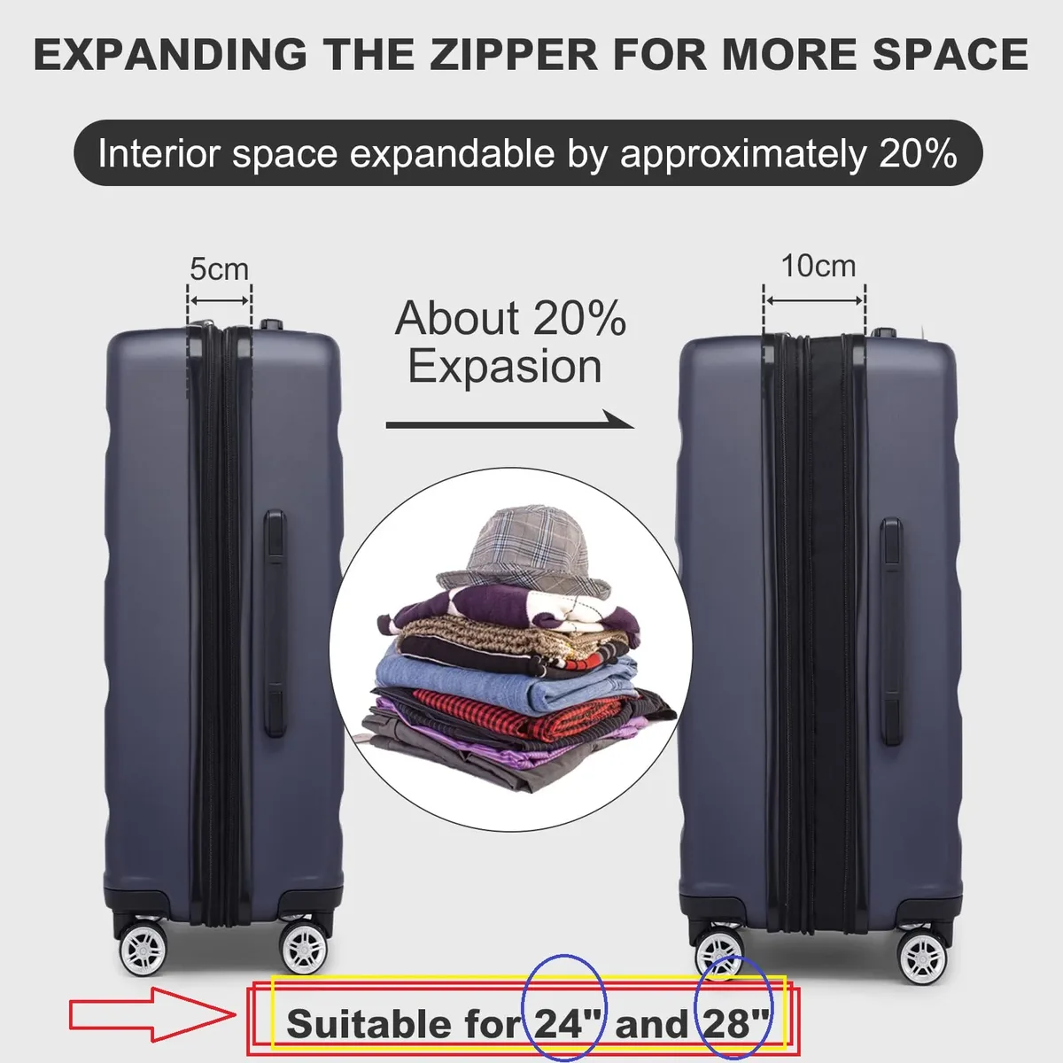 valise à main kono-étui rigide léger avec serrure tsa et 4 roues spinner, cabine (55/65/75 cm)