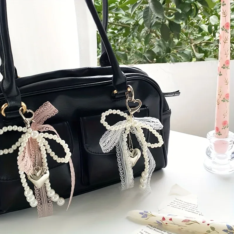 porte-clés nœud en dentelle et perles, nœud en perles pour femme, porte-clés pendentif de sac, porte-clés breloque pour sac à dos, pendentif de sac en forme de cœur, porte-clés à perles, pendentif nœud, accessoires de porte-clés pour cadeaux, portefeuilles, sacs, sacs à dos, sacs à main