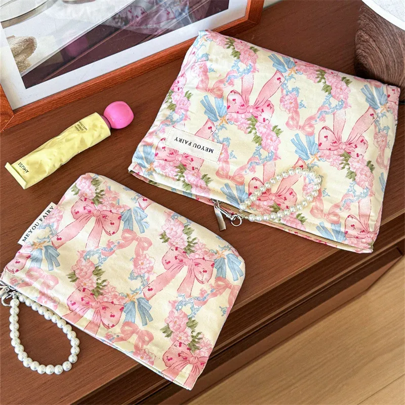 ensemble de 2 trousses de toilette imprimées nœuds, grande et petite, avec chaîne de perles, en tissu, organiseur de maquillage portable pour voyage