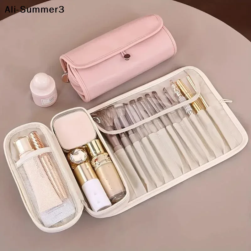 pochette cosmétique polyester rose pâle poches transparentes grande capacité design minimaliste rangement voyage femmes jeunes filles