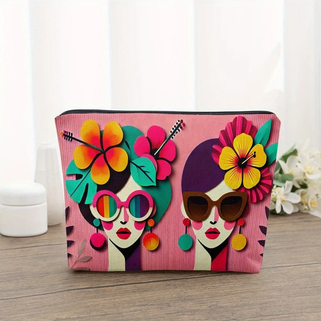 trousse de maquillage pour visage et fleur d'hibiscus tropical, 1 pièce, abstraite et vibrante, organisateur cosmétique pliable et portable
