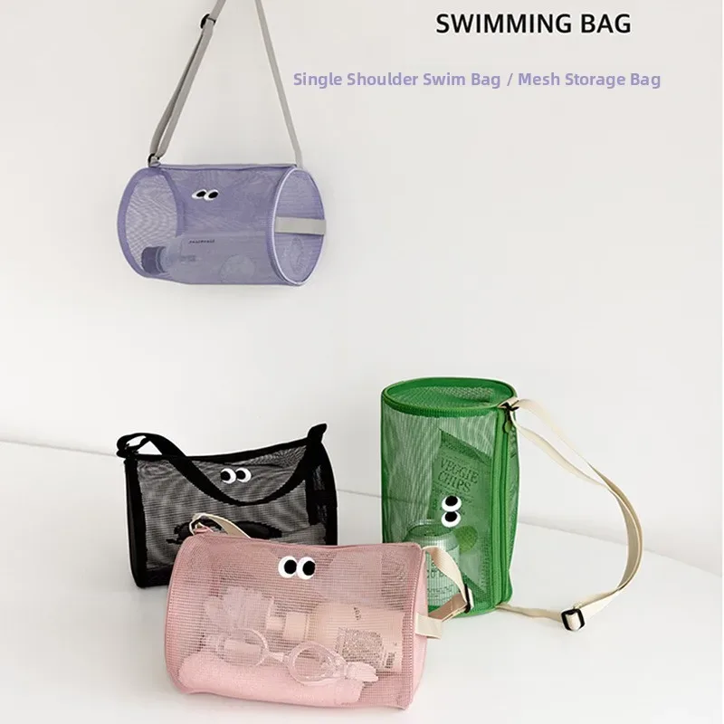 sac de rangement en maille cylindrique de grande capacité, sac de toilette à bandoulière ou à main, sac de rangement pour cosmétiques, organisateur de voyage