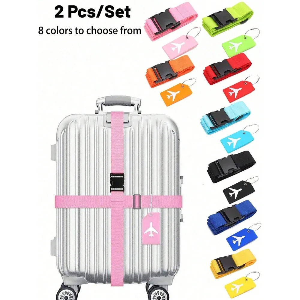 ceinture bagage nylon motif avion blanc fond rose voyage adaptation taille valises couleurs variées étiquette tag correspondant