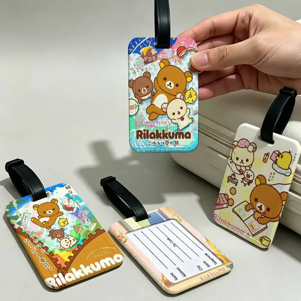 étiquette bagage plastique pvc motif rilakkuma couleurs roses rouges blanches voyage ecole pratique antiperte ceinture porté