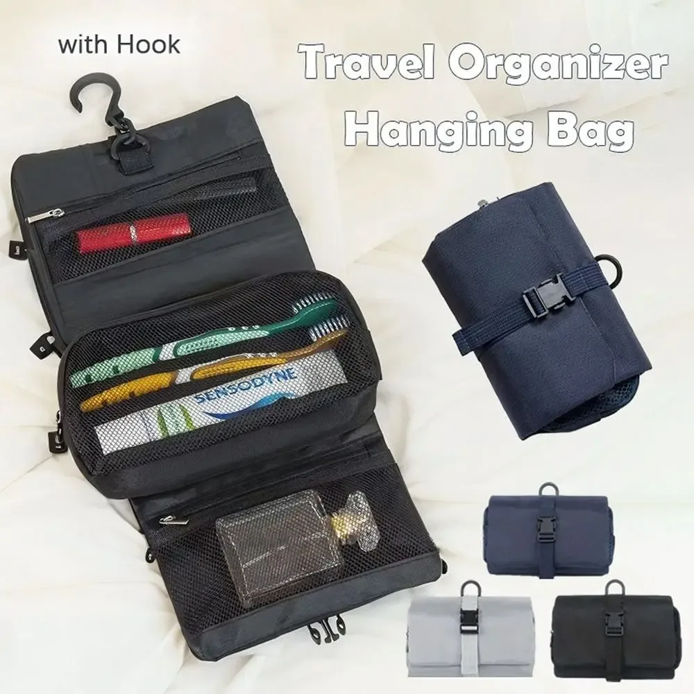 sac de toilette pliable avec crochet, multifonctionnel 3-en-1, sac de voyage grande capacité, sac de rangement cosmétique détachable