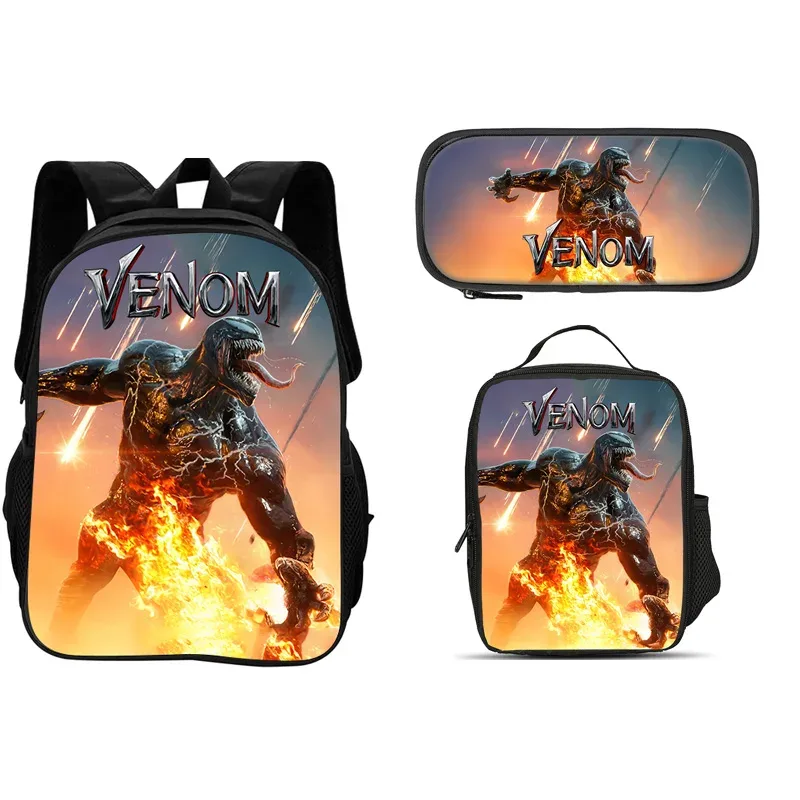 ensemble de 3 pièces du film venom : sac à dos + sac à lunch + trousse à crayons, papeterie de voyage à la mode, cadeau pour enfants, école, polyvalent
