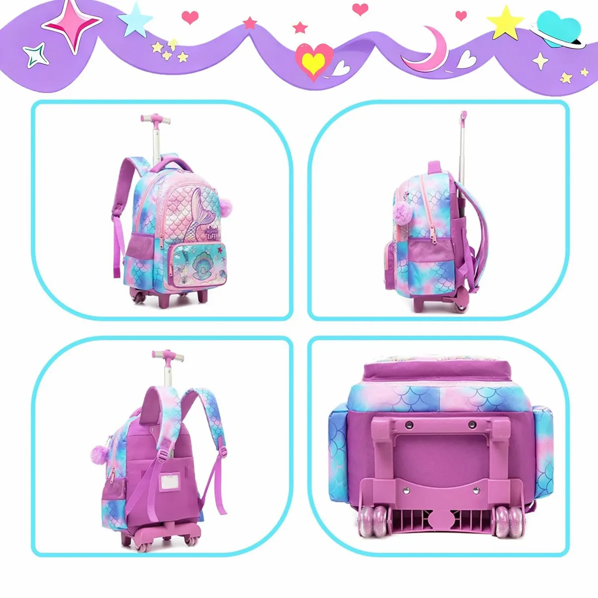 sac à dos roulant sirène mignon pour fille enfants valise de voyage avec roues étudiant primaire bagage à main garçons sac à dos à roulettes