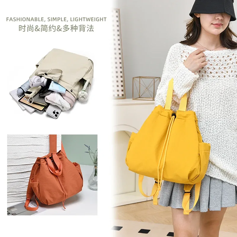 sac dos nylon beige orange jaune femelle trapézoïdale poignée amovible poches boutons glissière latérale voyage
