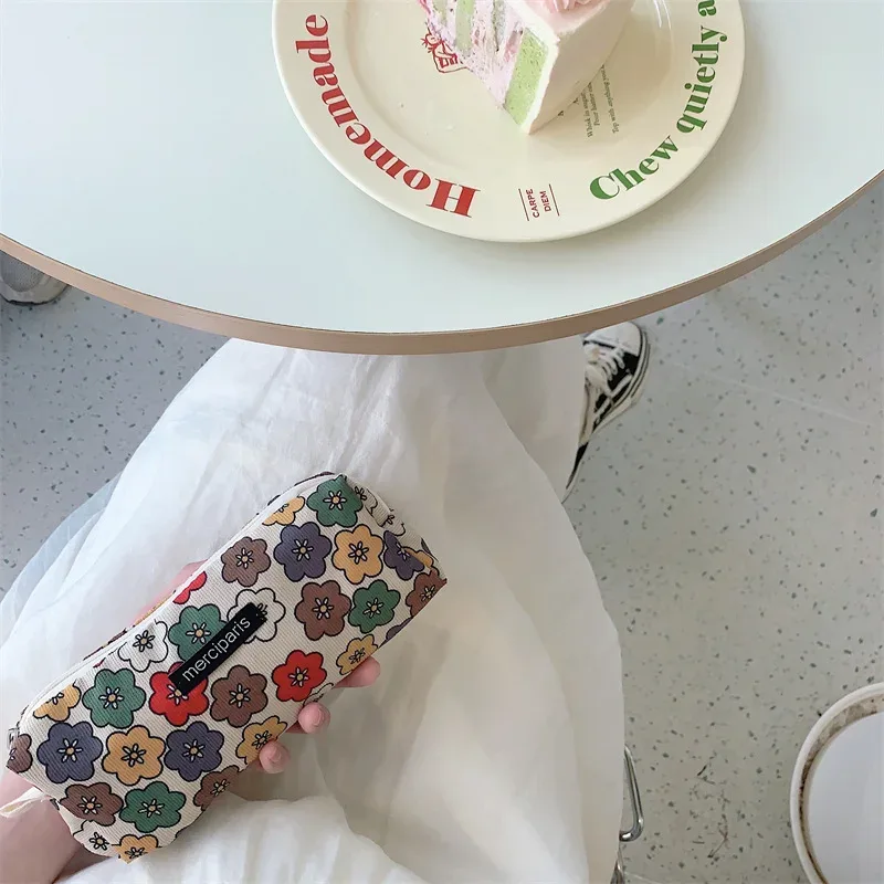 sac à main floral en velours côtelé pour femme, sac de rangement pour rouge à lèvres, sac à main kawaii, portefeuille de maquillage, trousse à crayons en poudre, sacs de voyage
