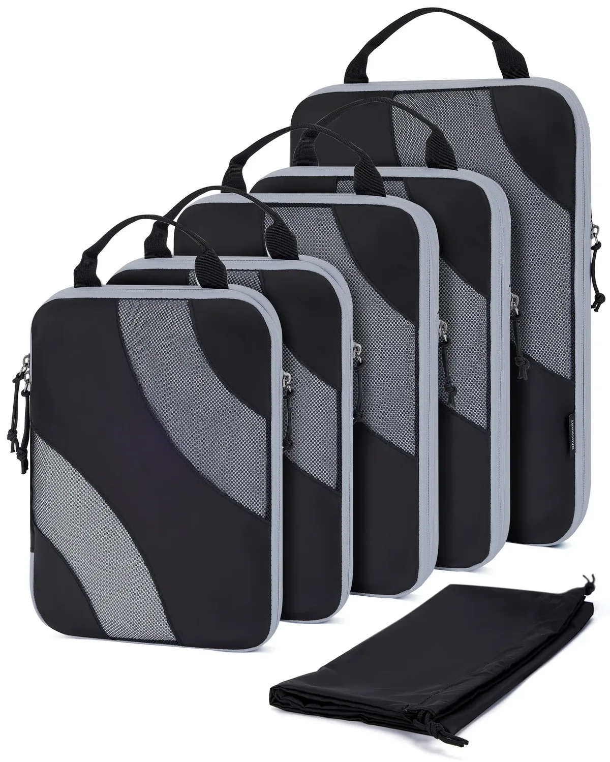 organisateur voyage polyester beige lignes ondulées cube sac chaussures pliable set six pièces compression transport