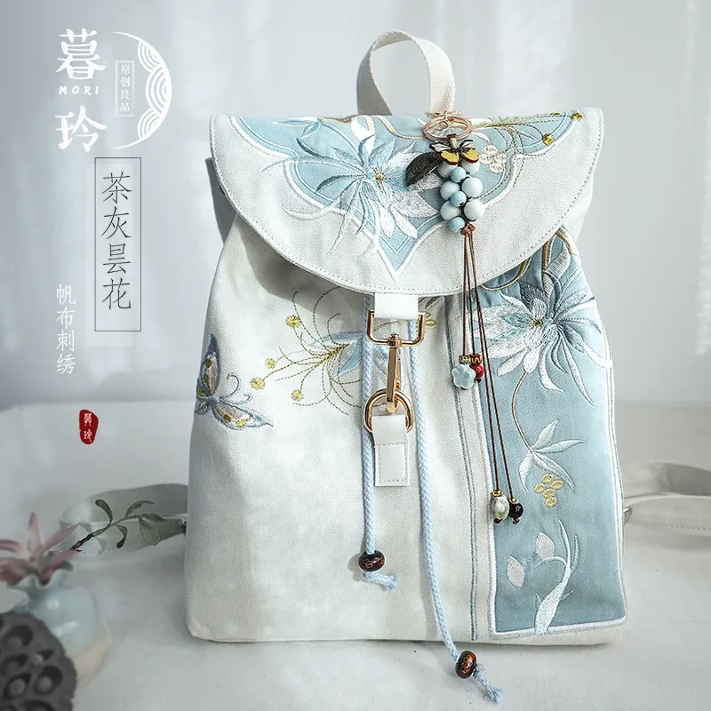 sac à dos à cordon avec broderie florale, style chinois, pour ordinateur portable, pour femme, sac à dos quotidien