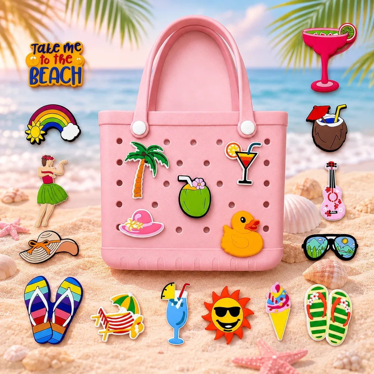 1 pièce breloques pour sacs fourre-tout pour femmes et filles, accessoires de sac tendance pour les fêtes, décorations pour sacs (chapeaux, lunettes de soleil, crème glacée, noix de coco) et boucles pour sabots