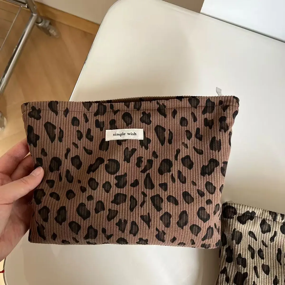 trousse de maquillage rétro en velours côtelé motif léopard, rouge à lèvres, organisateur de cosmétiques, sac à fermeture éclair, sac de lavage et de rangement de voyage pour femmes