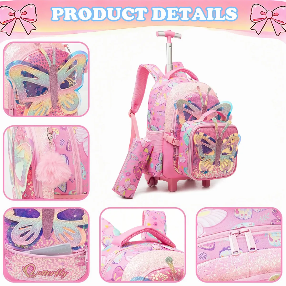 sac à dos à roulettes pour enfants, sac à dos pour filles, sac de voyage à roulettes, sacs à roulettes pour l'école avec boîte à lunch isotherme