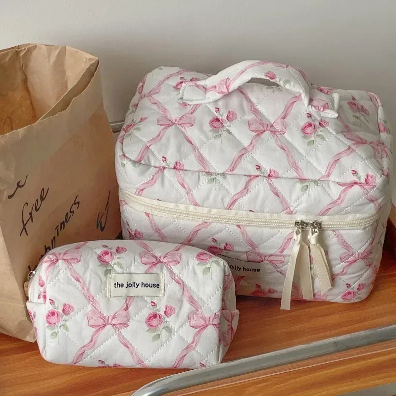 trousse de maquillage courtepointe pour femme, trousse de toilette portable pour filles, sac à main grill pour femme, trousse cosmétique à fermeture éclair, nœud mignon, fleur