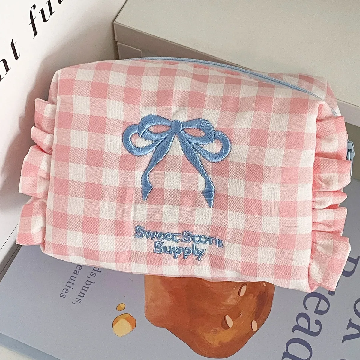 kawaii sac cosmétique plaid arc trousse de maquillage mignon petit sac fille style doux à volants maquillage trousse maquillage sac organisateur pochette