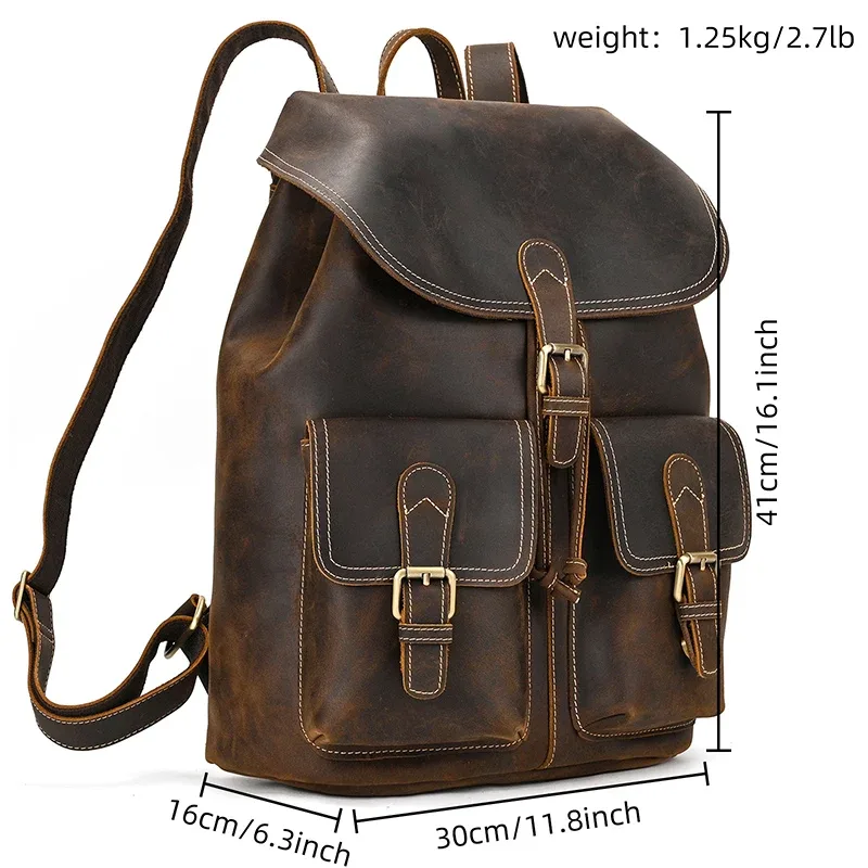 luufan – sac à dos vintage en cuir véritable pour hommes, sac de jour seau en cuir de cheval fou, sac de voyage masculin de grande capacité, sacs d'école
